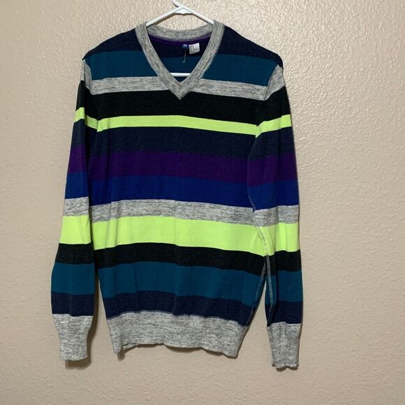 H&M Divided Color Block V Neck Sweater M Stripe - Picture 1 of 7